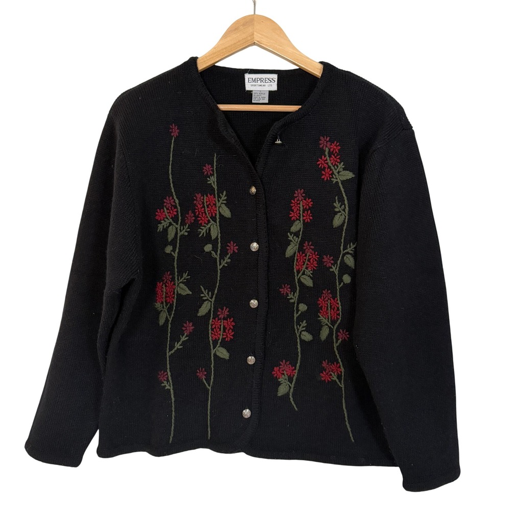 Empress Cardigan Womens L Black Excellent Floral Embroidered Knit Sweater